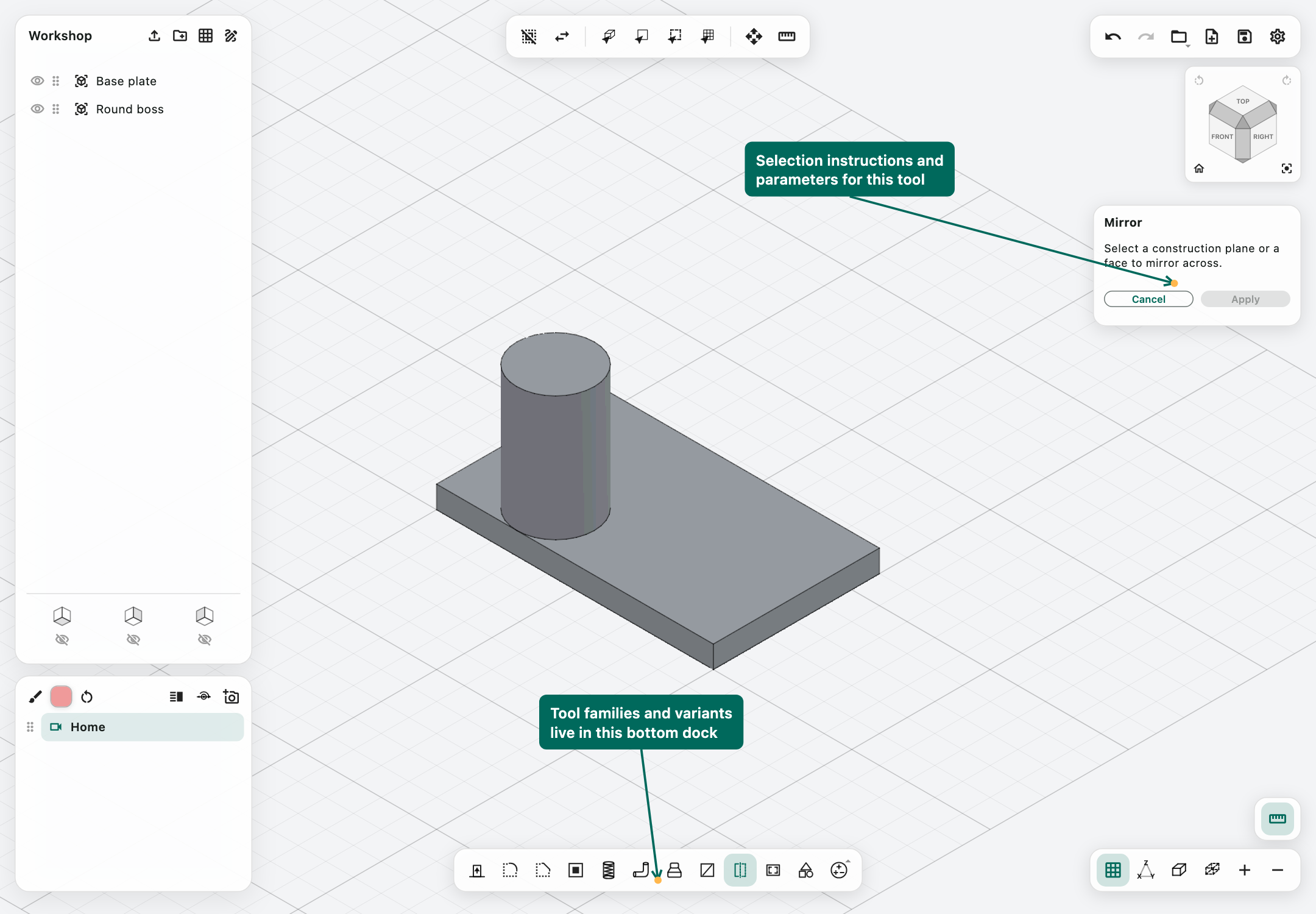 Mirror tool prompting for a mirror plane or face