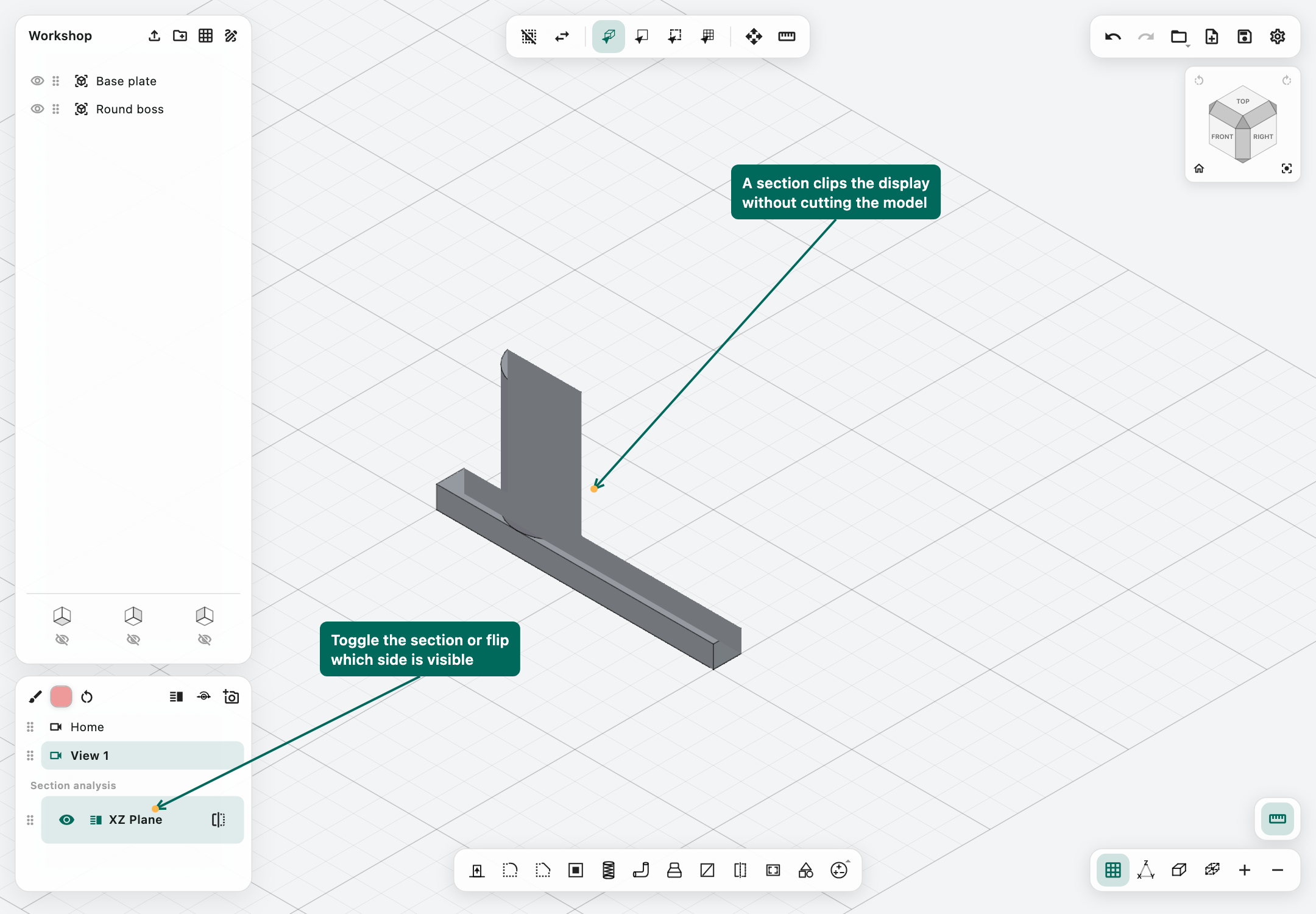 Section analysis with callouts to the clipped display and section controls