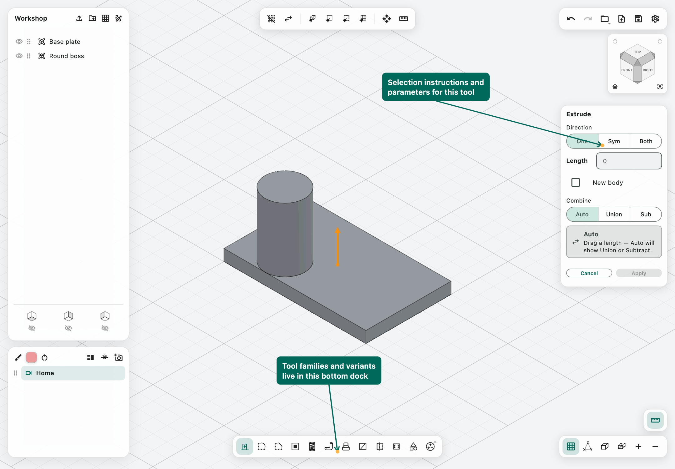 Extrude panel with extent, length, and result options