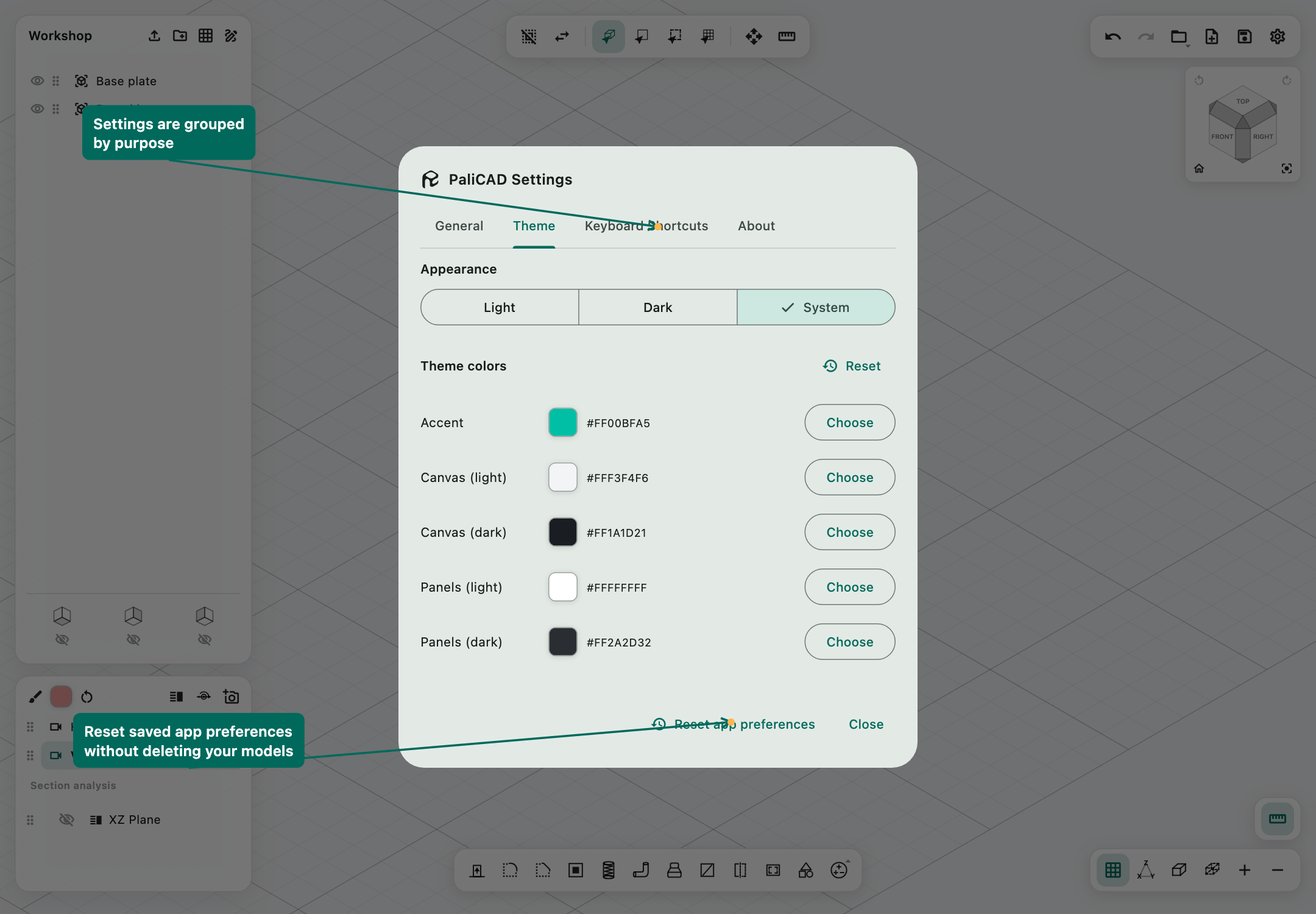 Theme settings showing Light, Dark, System, and colour customization