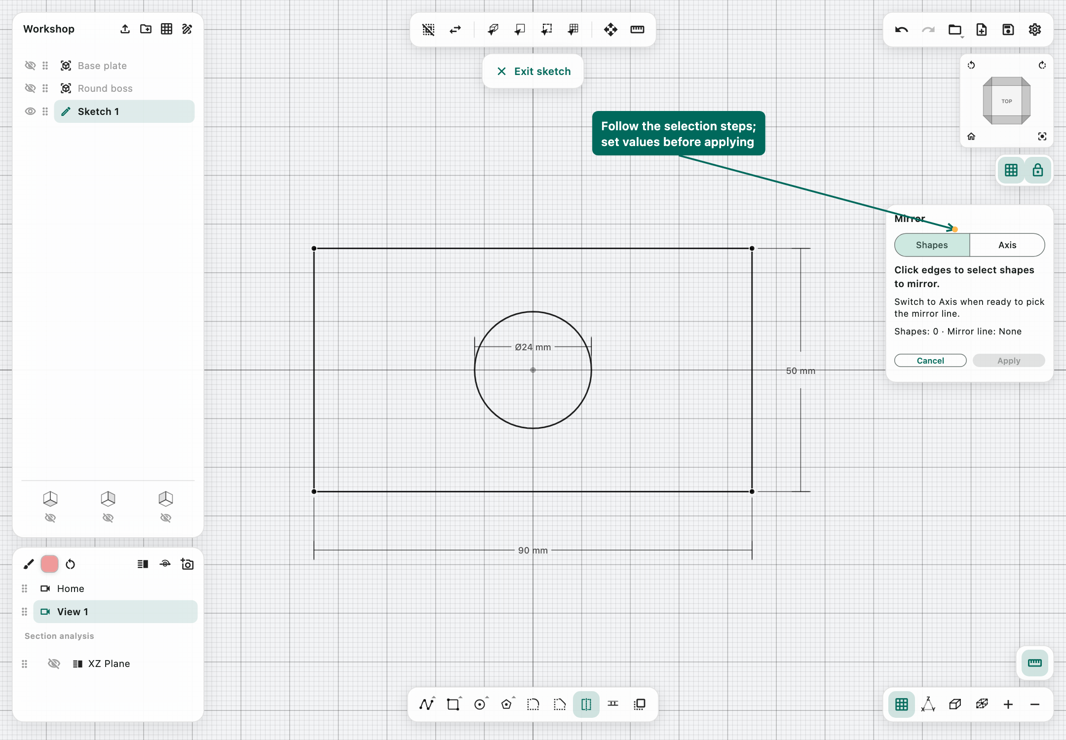 Sketch Mirror panel with Shapes and Axis stages