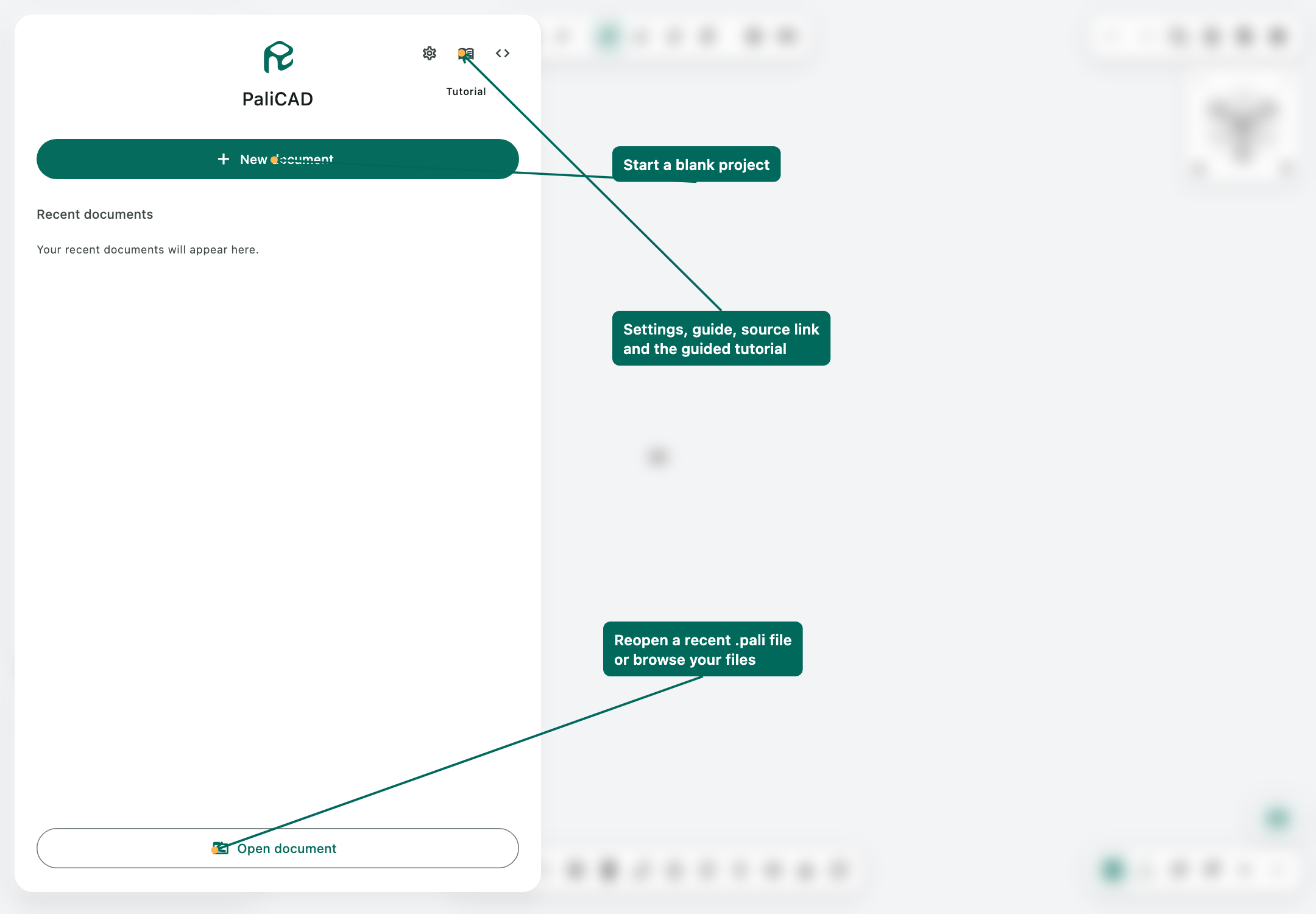 Title screen with arrows identifying New document, Open document, and help links