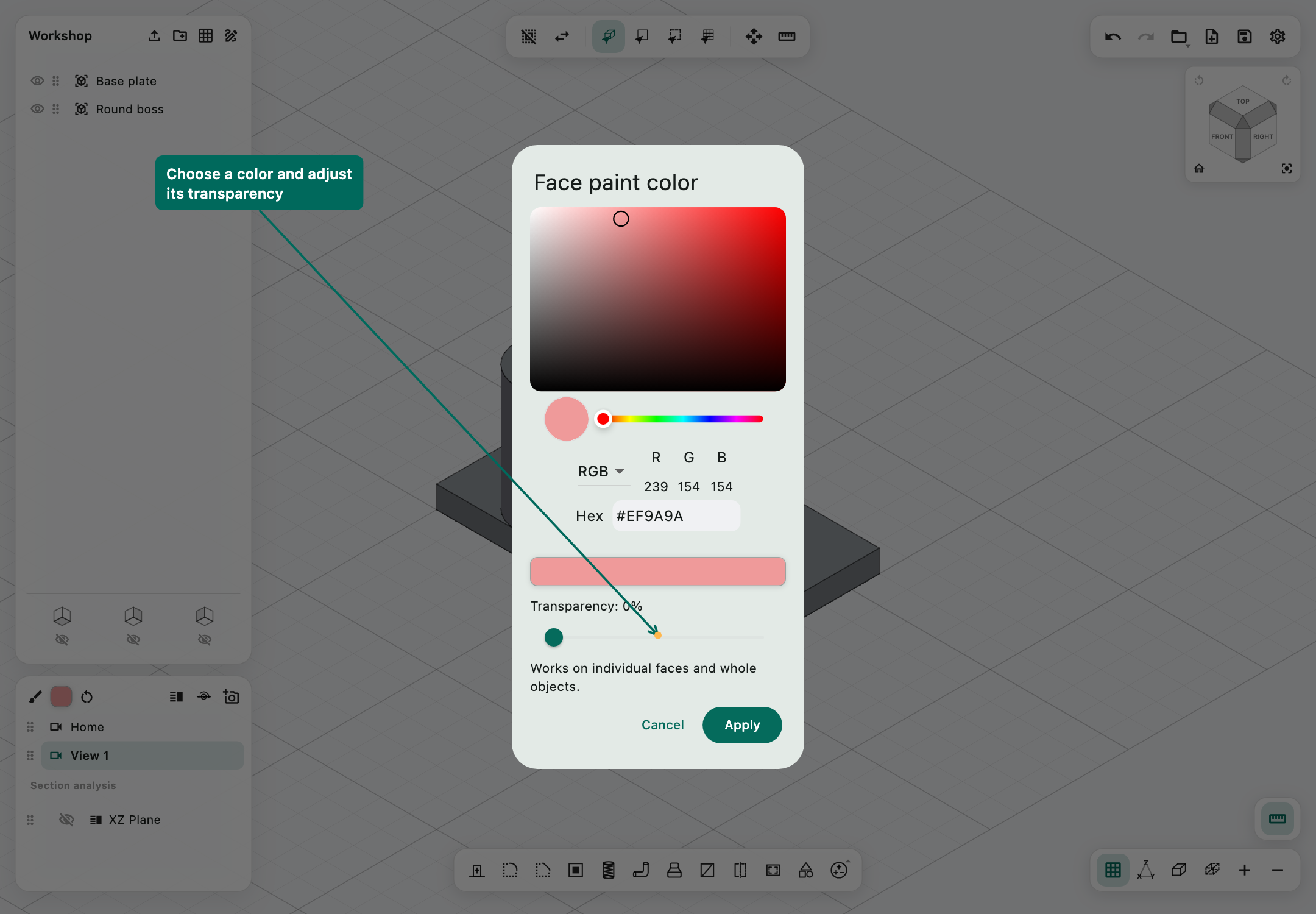 Colour picker with an arrow to the transparency controls