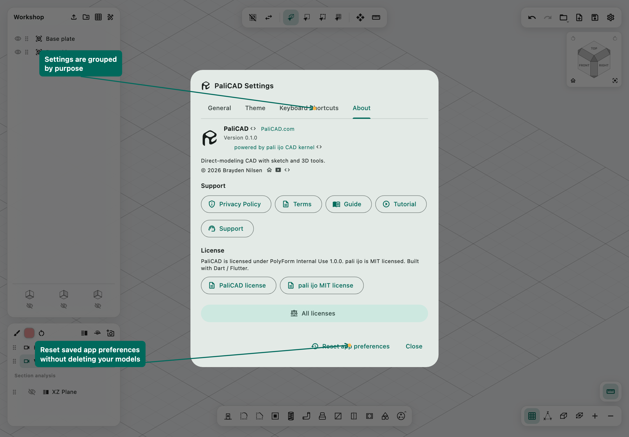 About tab with version, author, support, and licence information