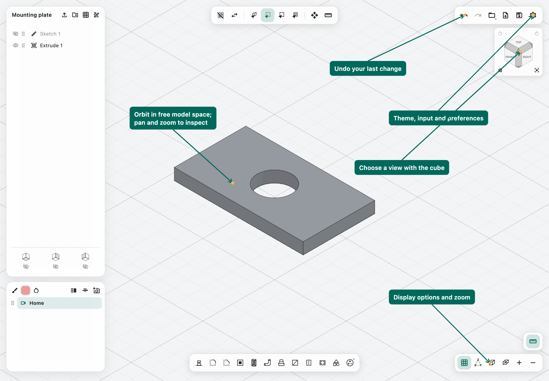 Finished model with callouts for Undo, Settings, the navigation cube, camera navigation, display options, and zoom