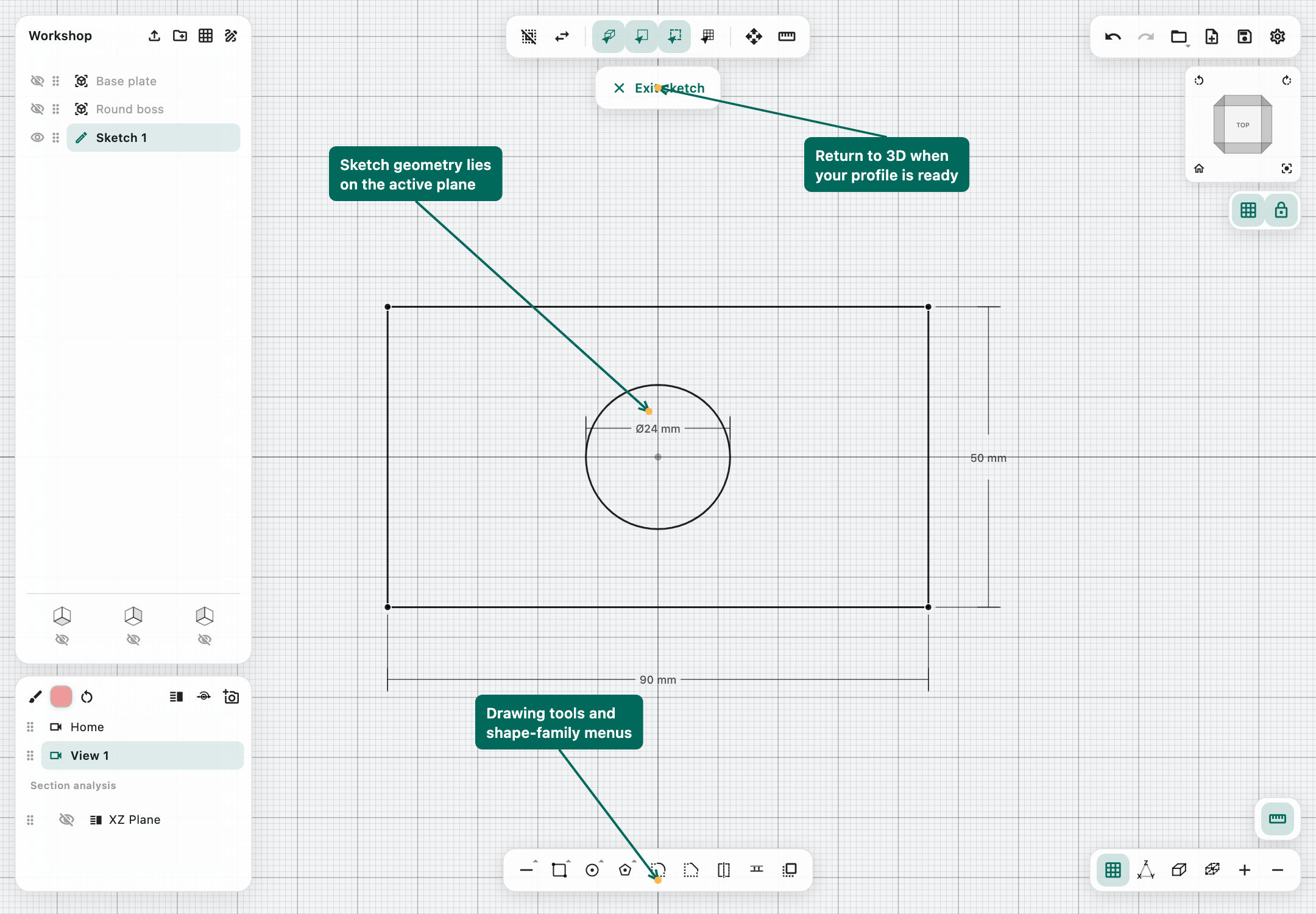 Sketch workspace showing a rectangle and circle, drawing dock, and return-to-3D control