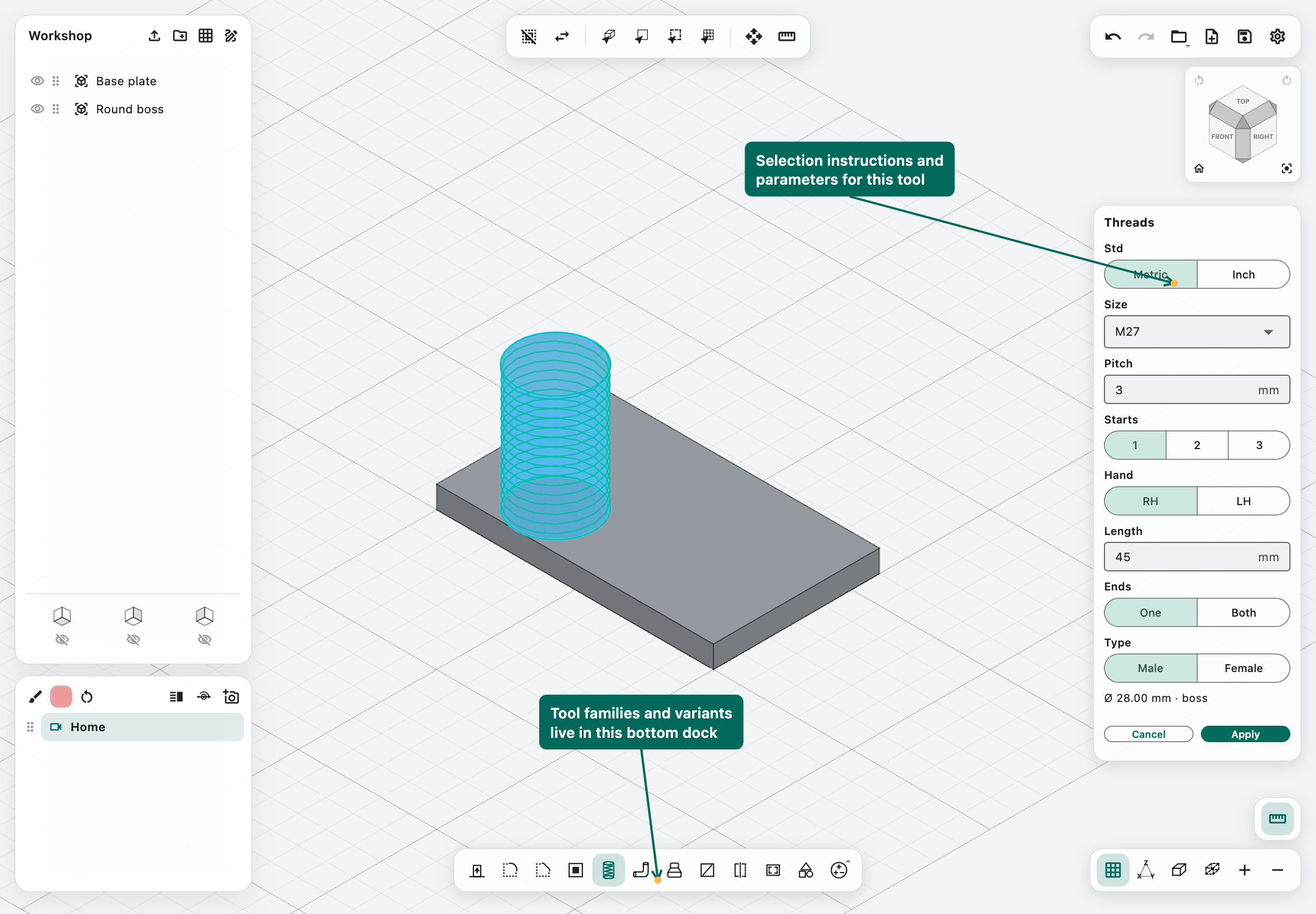 Threads panel showing Metric, Size, Pitch, Starts, Hand, Length, Ends, and Type