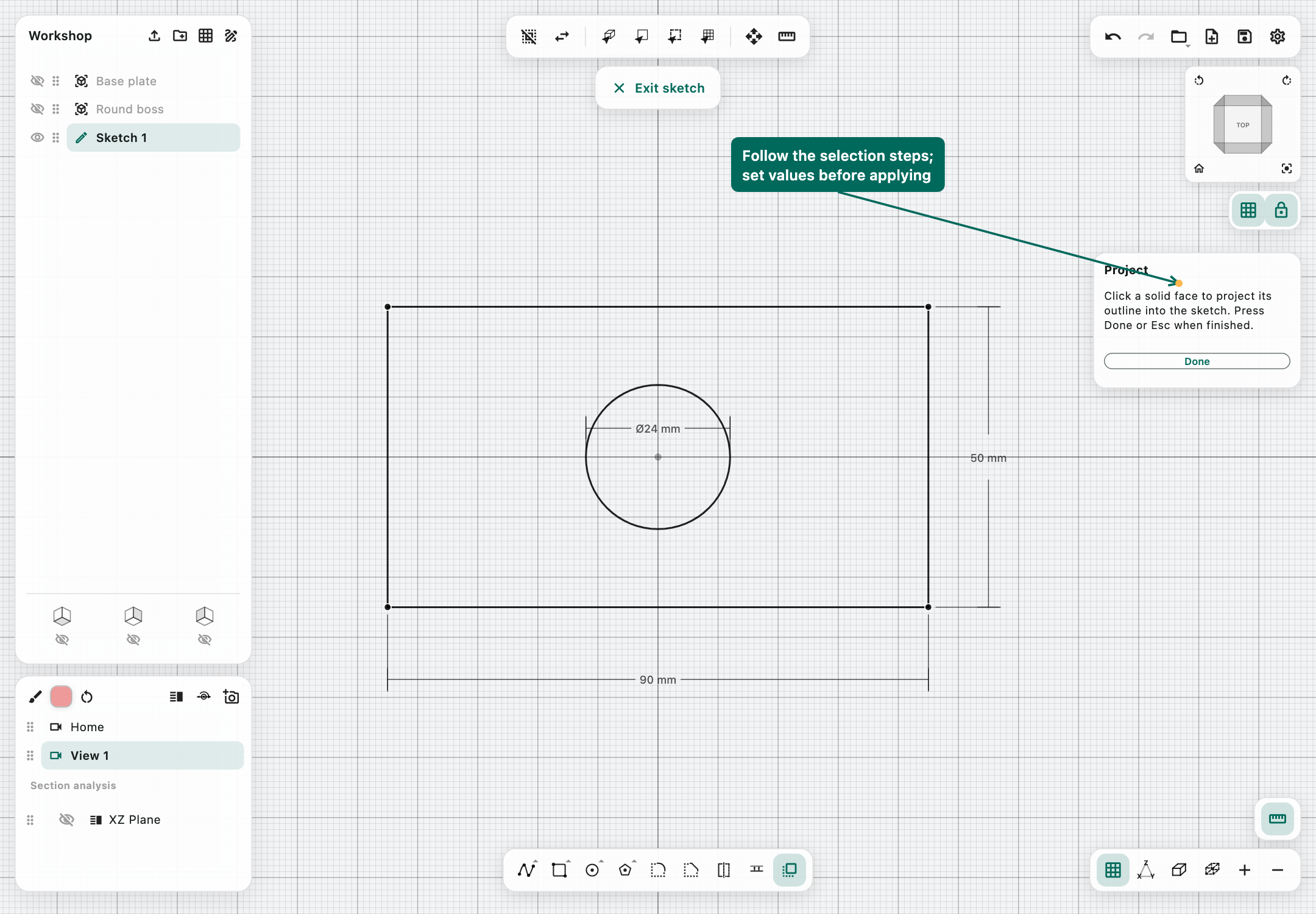 Project tool in the sketch workspace