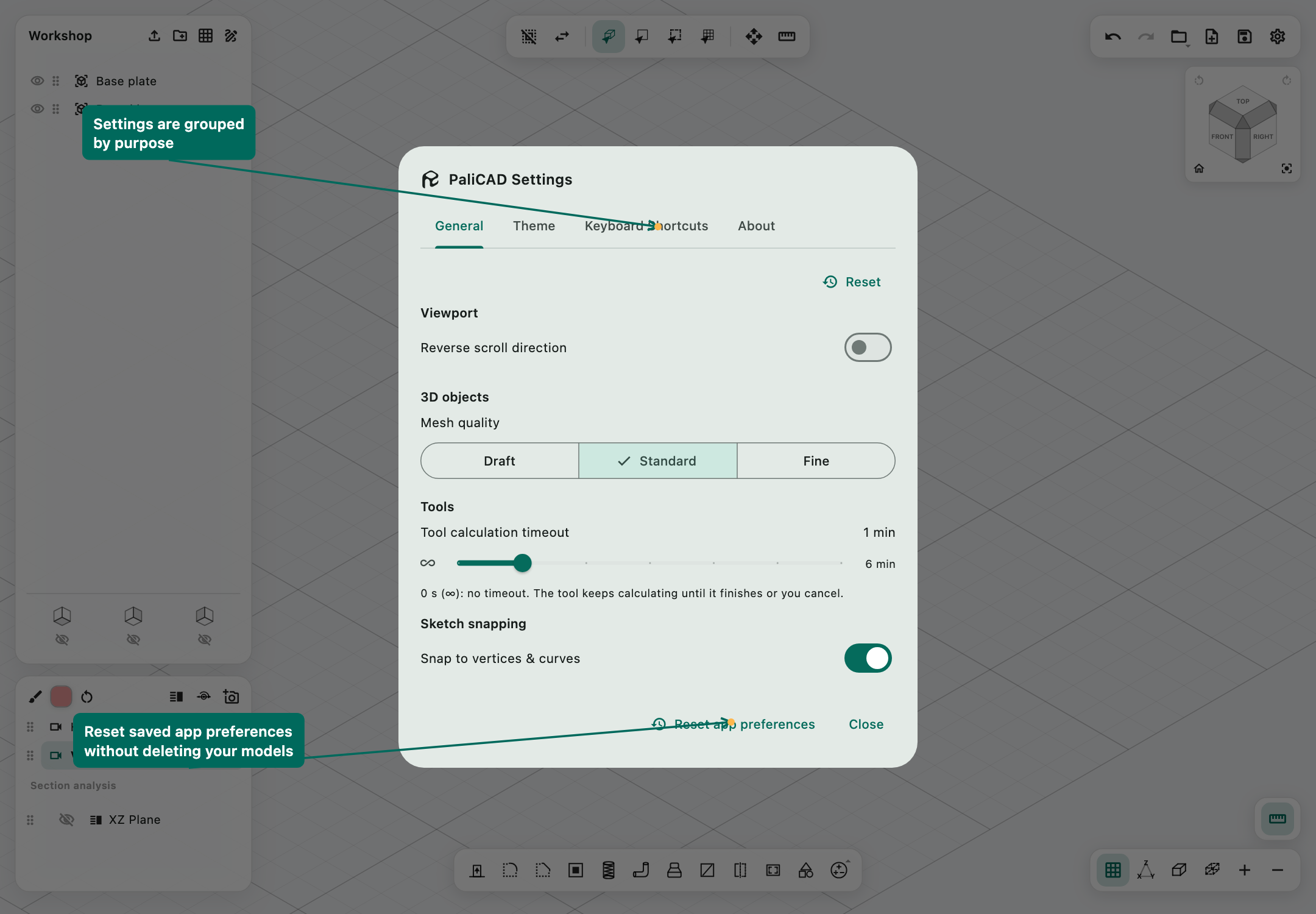 General settings showing viewport, mesh quality, timeout, and snapping