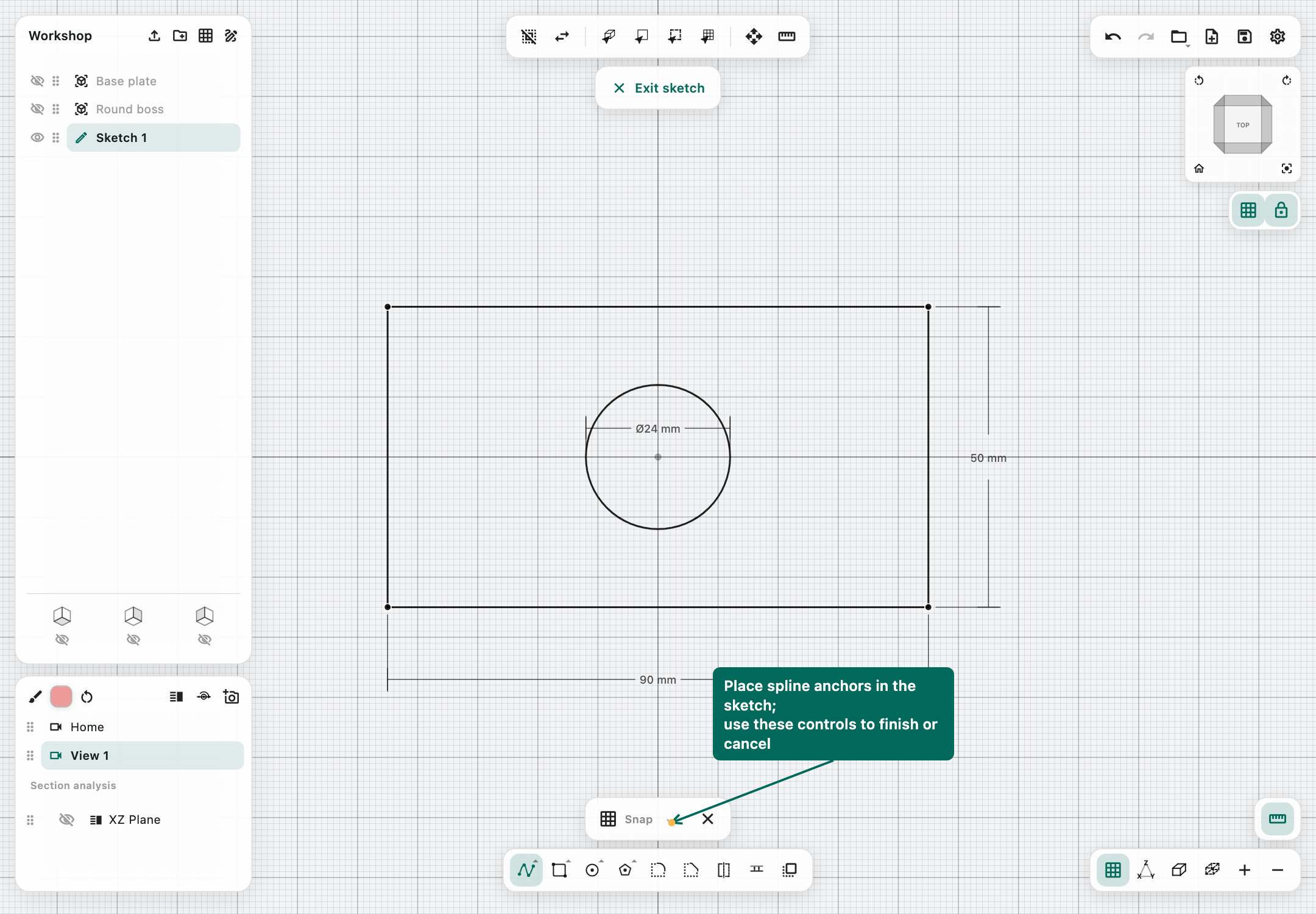 Spline tool selected, showing its drawing controls and sketch workspace