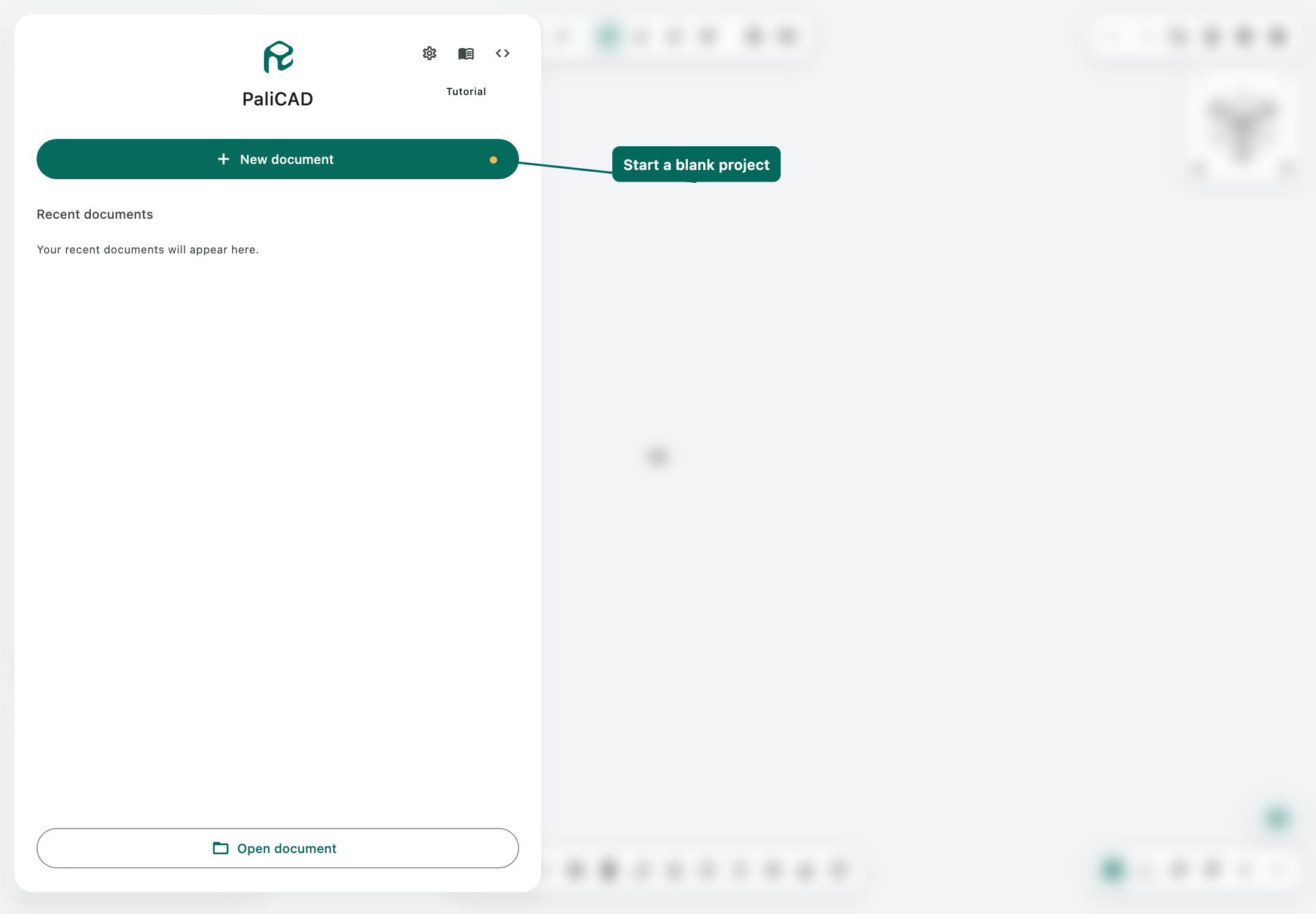 PaliCAD title screen with an arrow pointing to New document