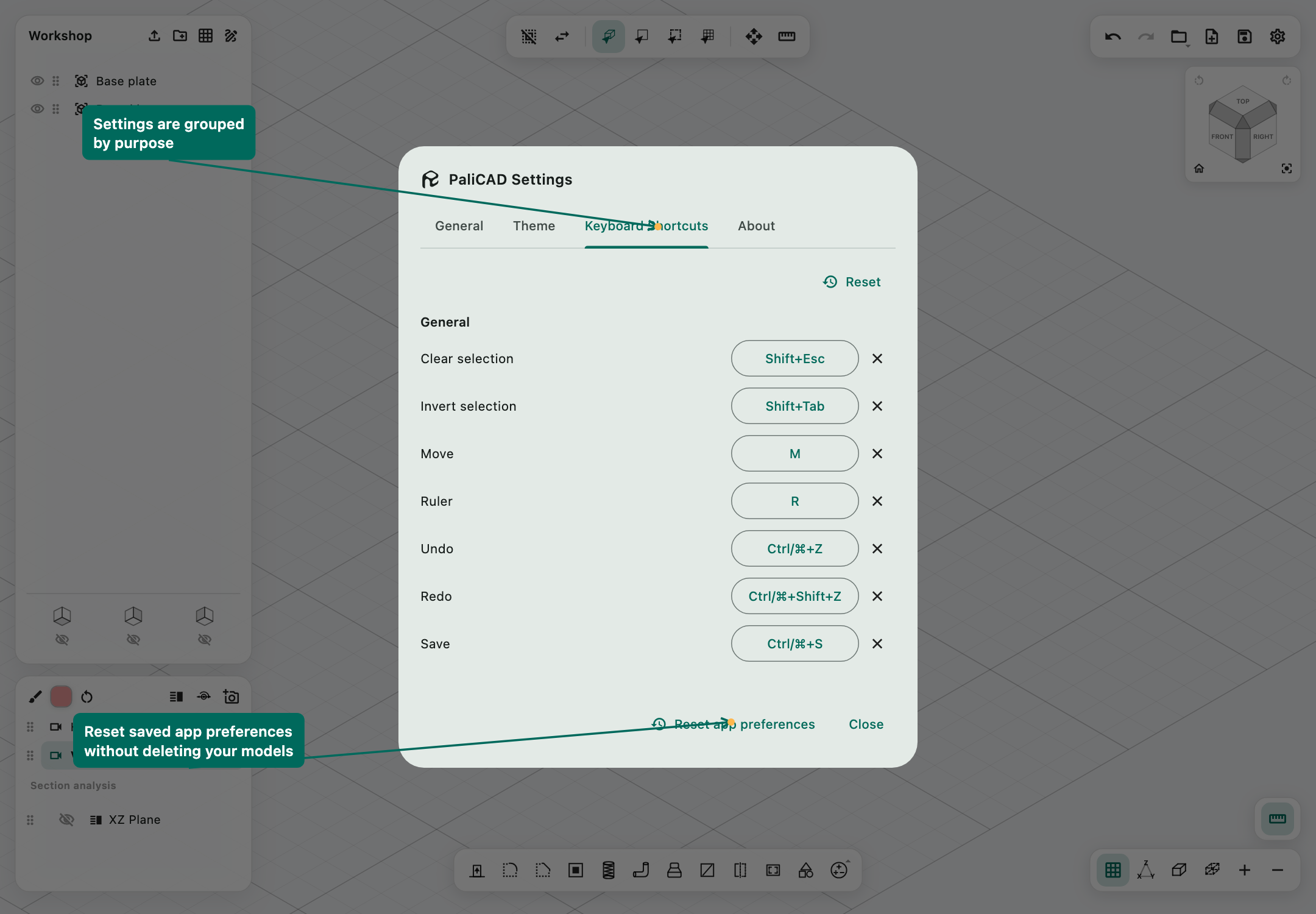 Keyboard shortcut settings with action groups and configurable bindings