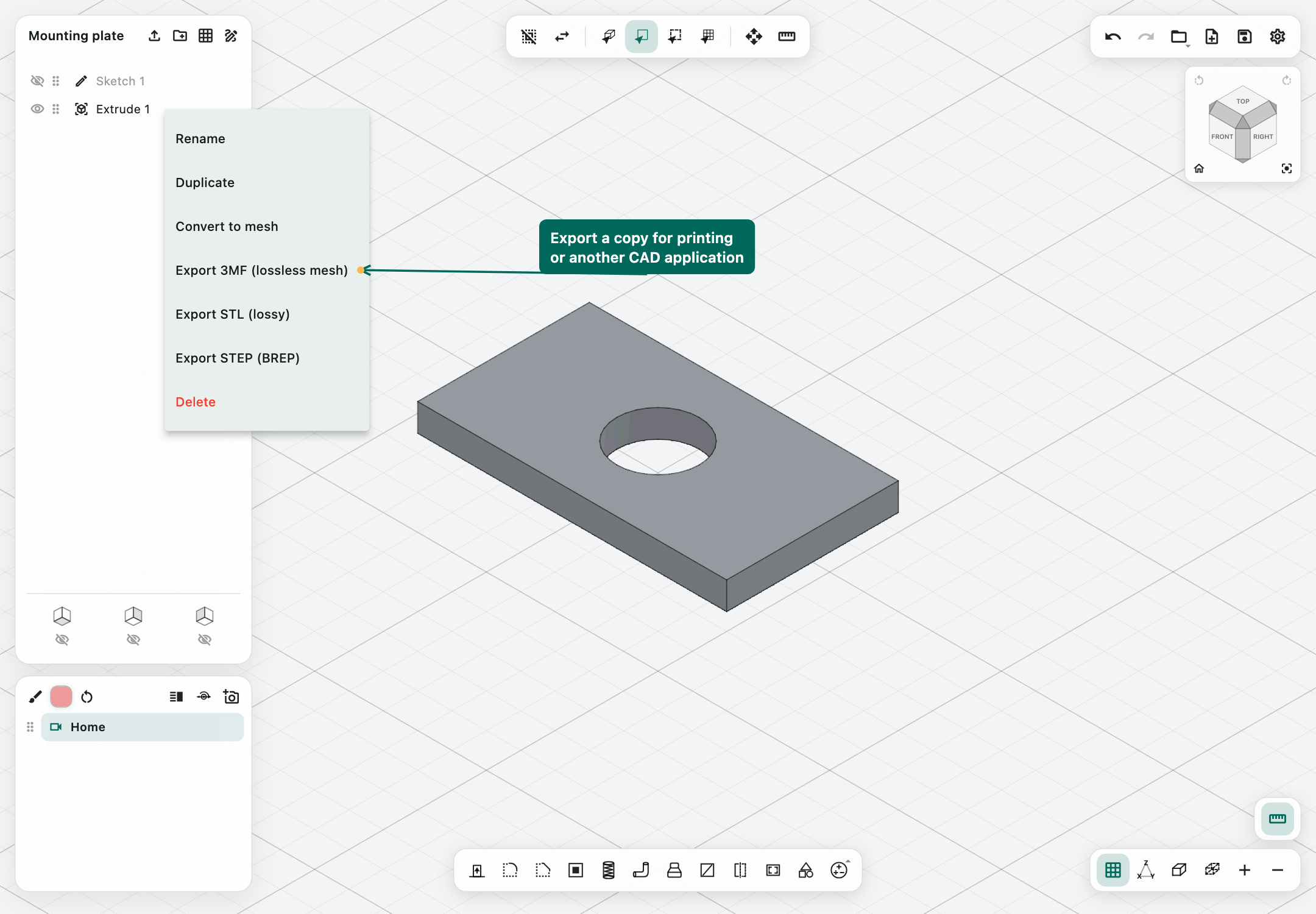 Mounting-plate body's context menu showing the available export formats