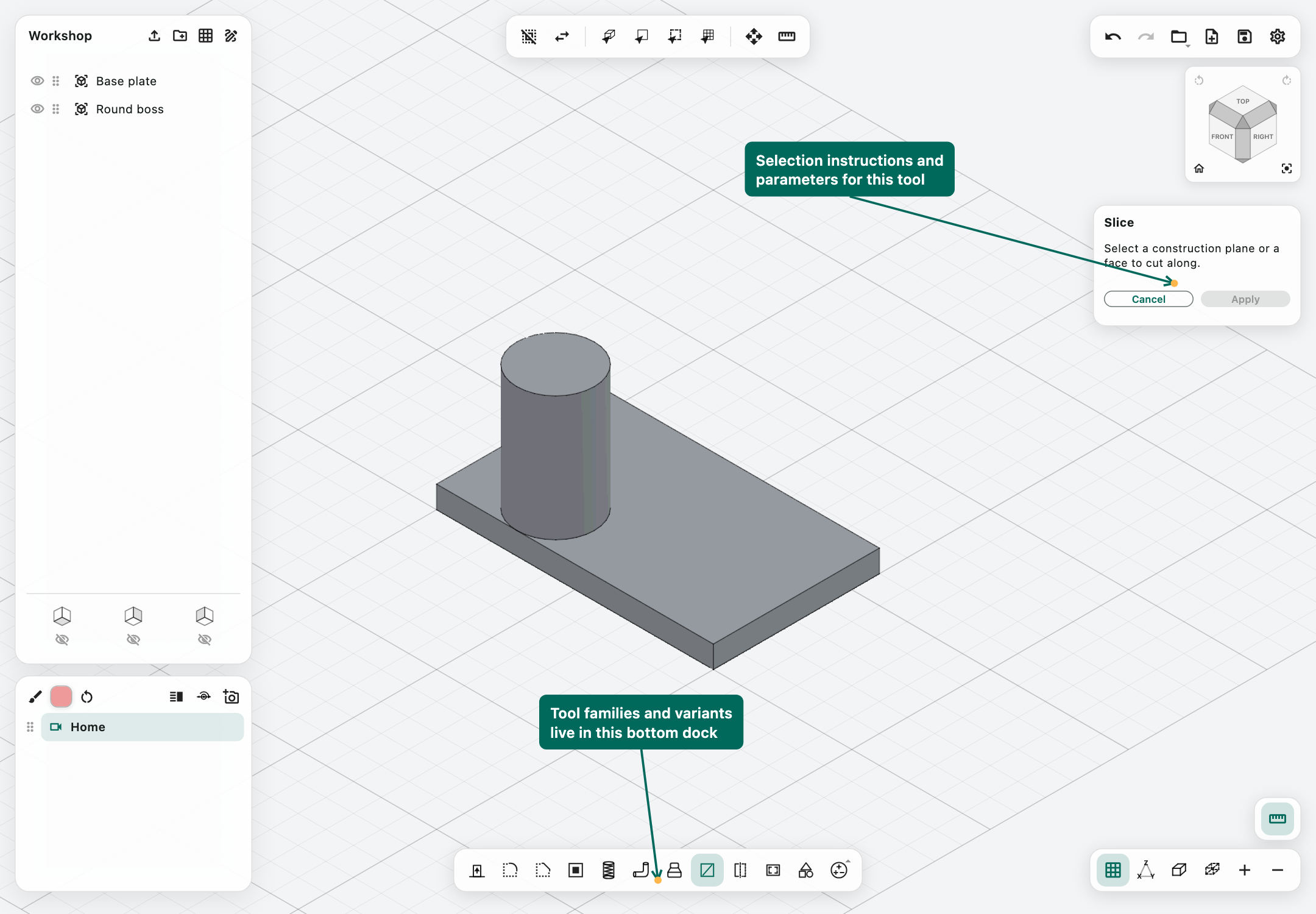 Split tool prompting for a cutting plane or face